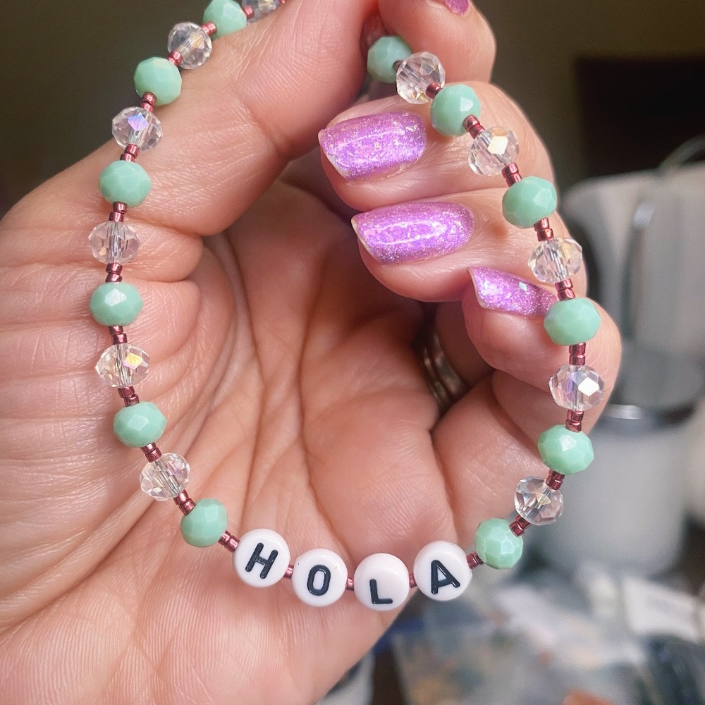 HOLA Letter Beaded Bracelet Mint Green, Clear & Metallic Pink Beads - Picture 1 of 6